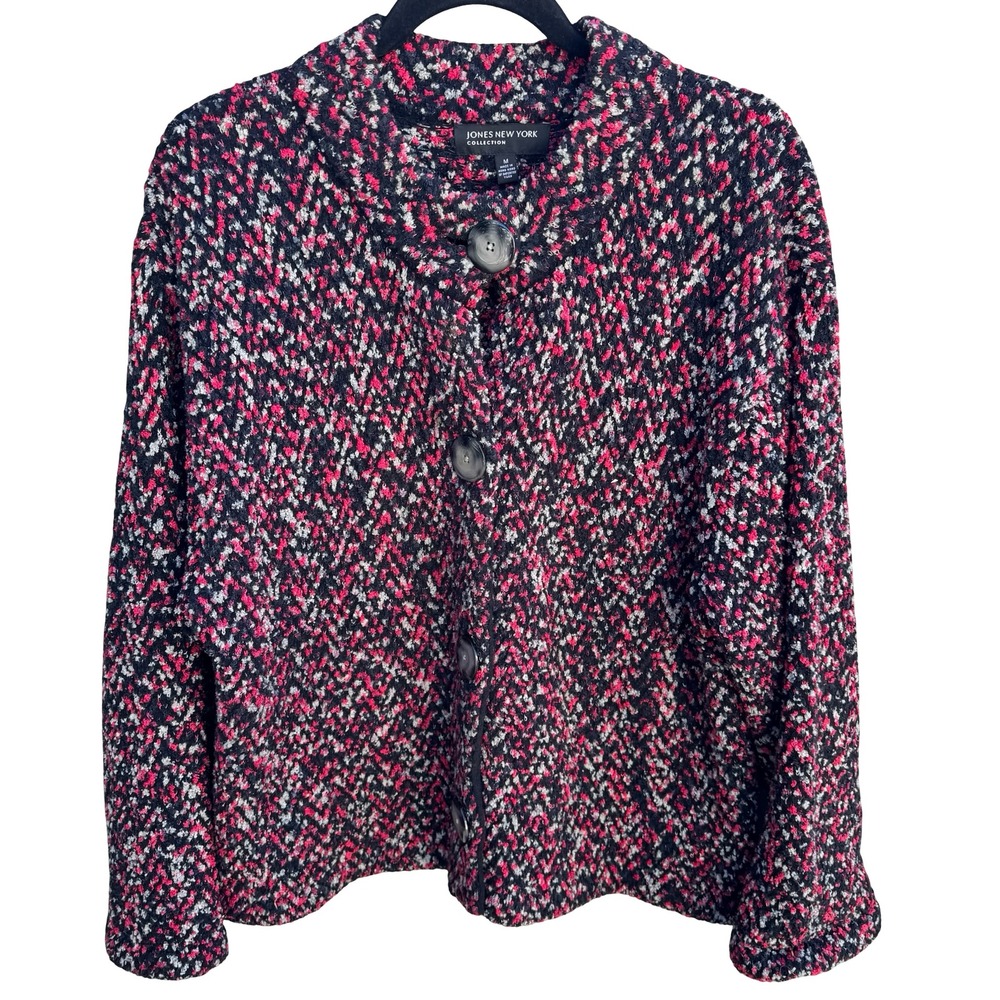 Jones‎ New York Collection Pink Black Marled Boucle Button Front Cardigan Size M